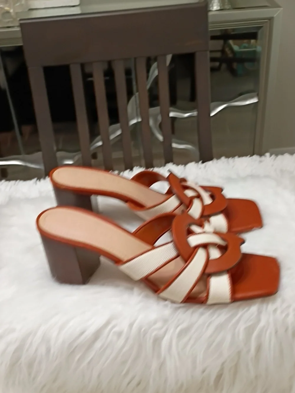 Coach Brown & Cream Braided Leather Block Heel Mule Size 8.5